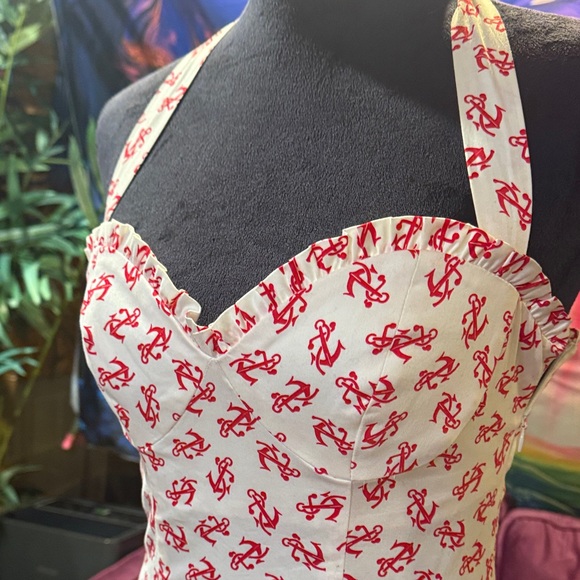 Betsey Johnson ahoy red anchor white cotton sundress Midi Dress pin up retro 6 - Picture 3 of 10